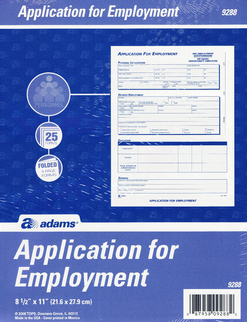 Adams Application for Employment, 8 1/2″ x 11″, Pack of 25