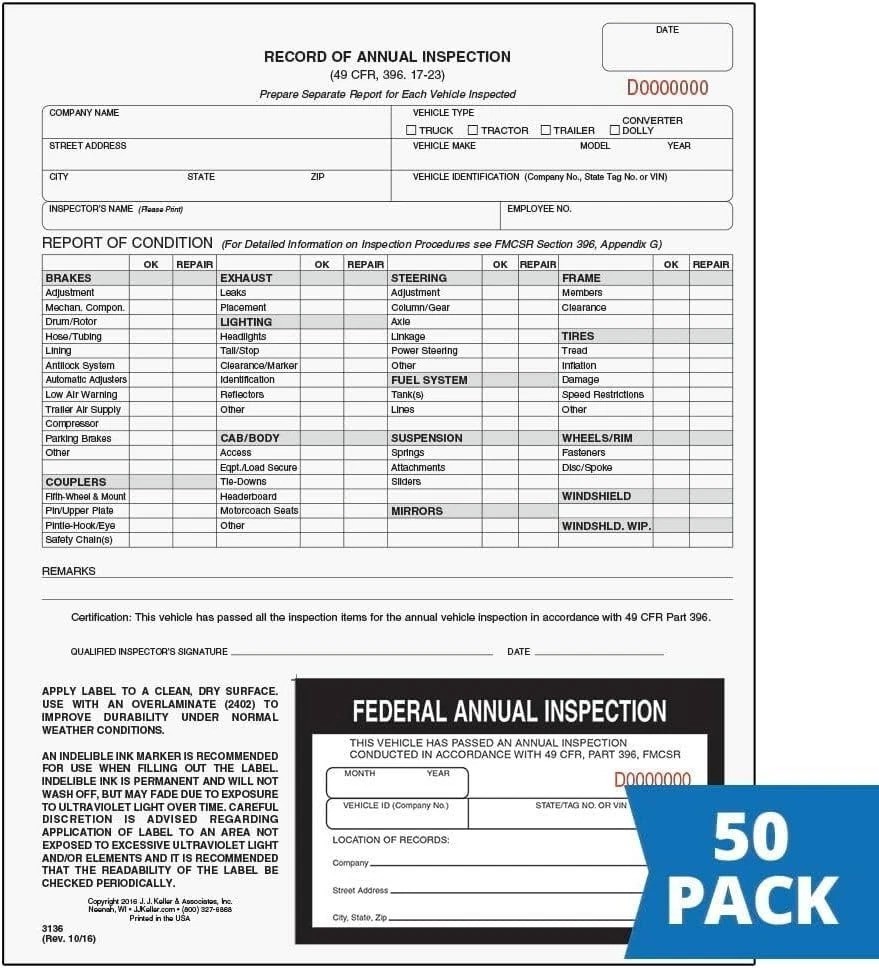 J. J. Keller 50-Pack Inspection Forms – 2-Ply Carbonless, Fade Resistant Labels