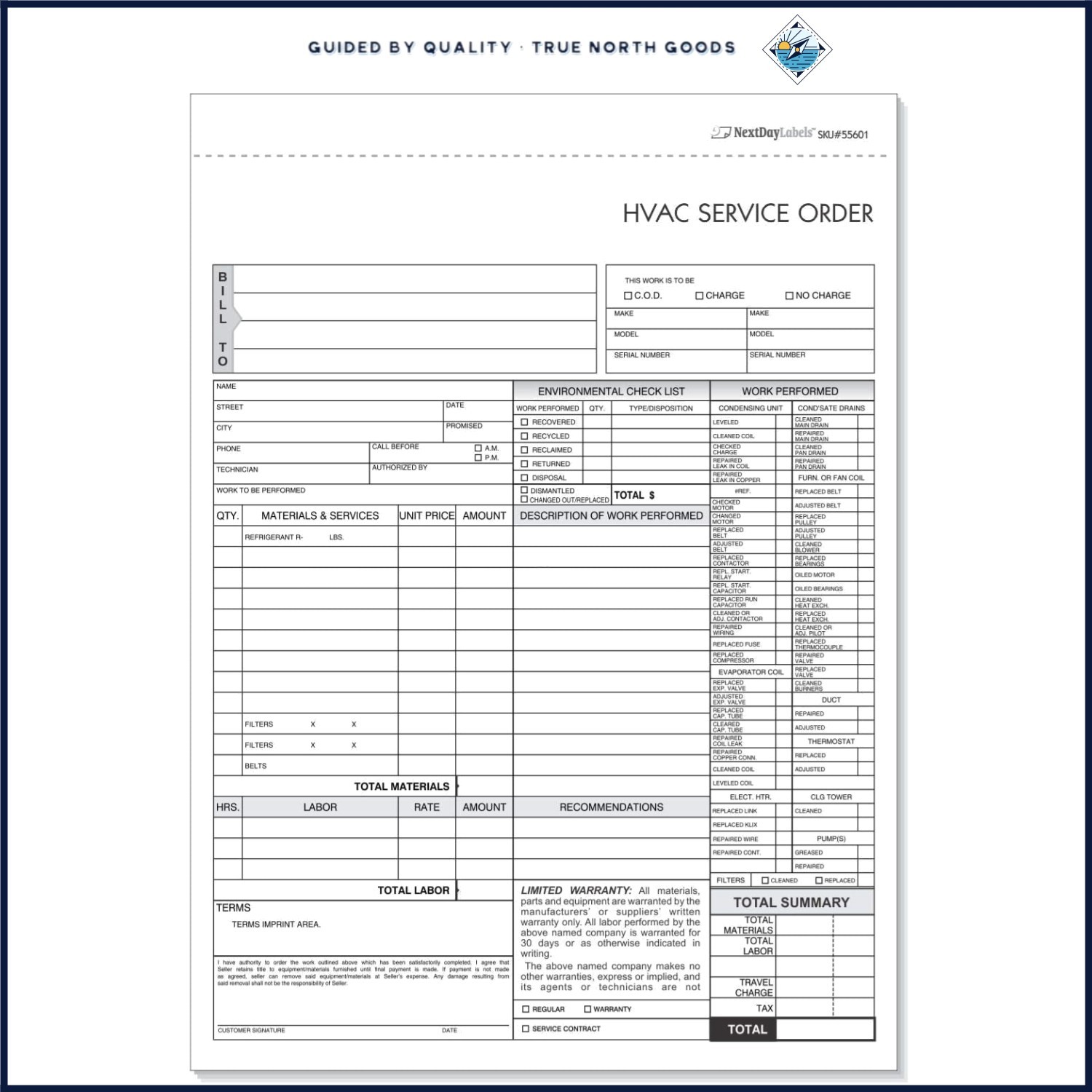 HVAC Service Order Invoice Forms, 3-Part Carbonless, 100 Sets for Professionals