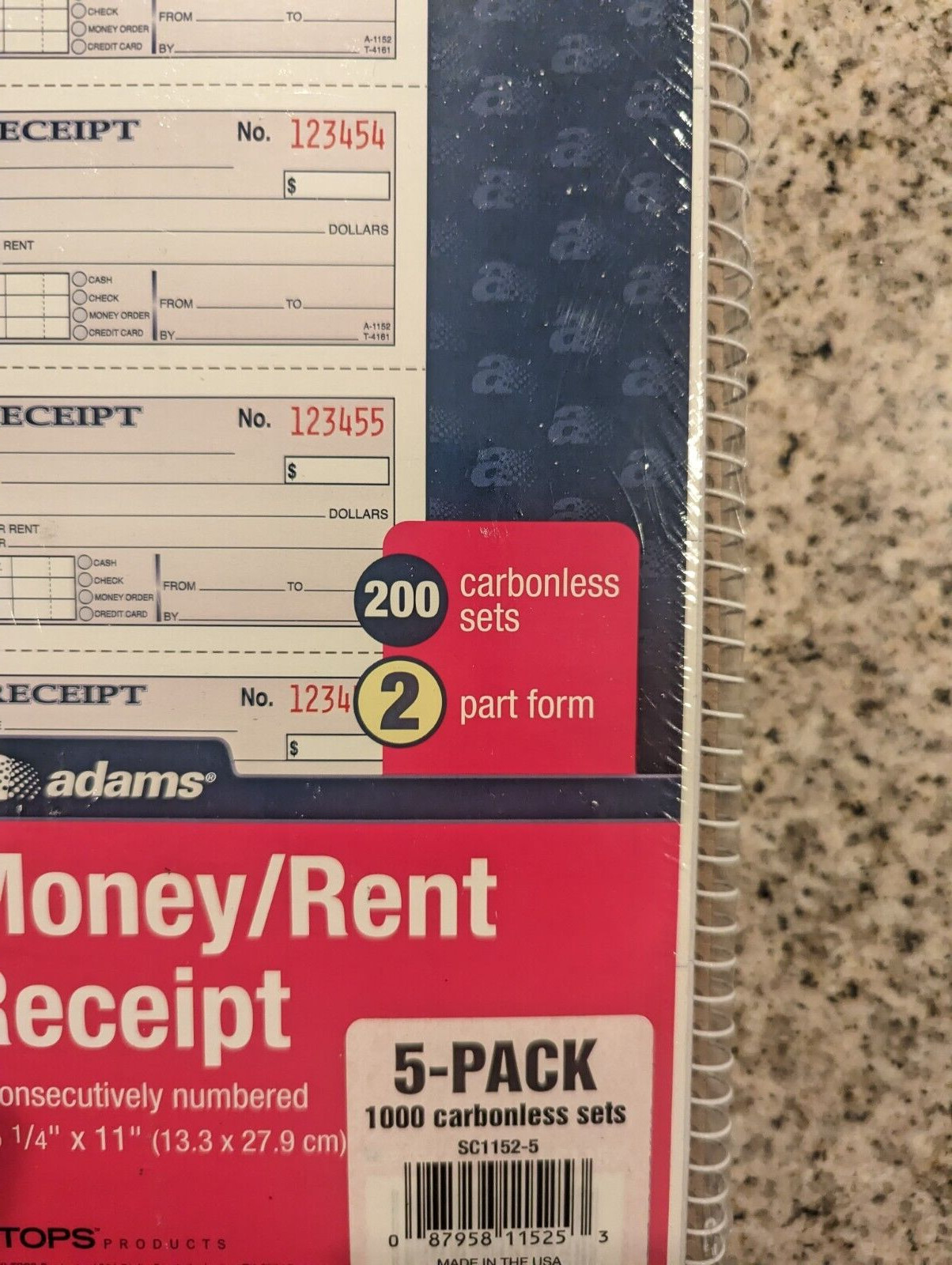 Adams Carbonless 2-Part Form Money/Rent Receipt Book 11″ x 5 1/4″ Pack Of 5 New