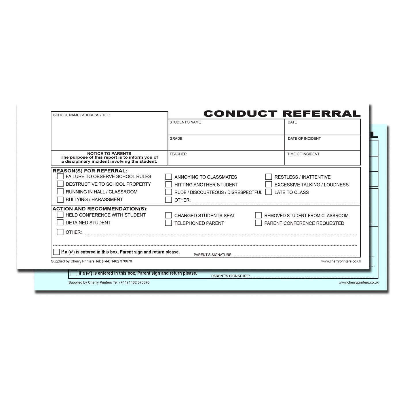 50 Duplicate Cherry Conduct Referral Slips for Schools, 2pt Carbonless Book