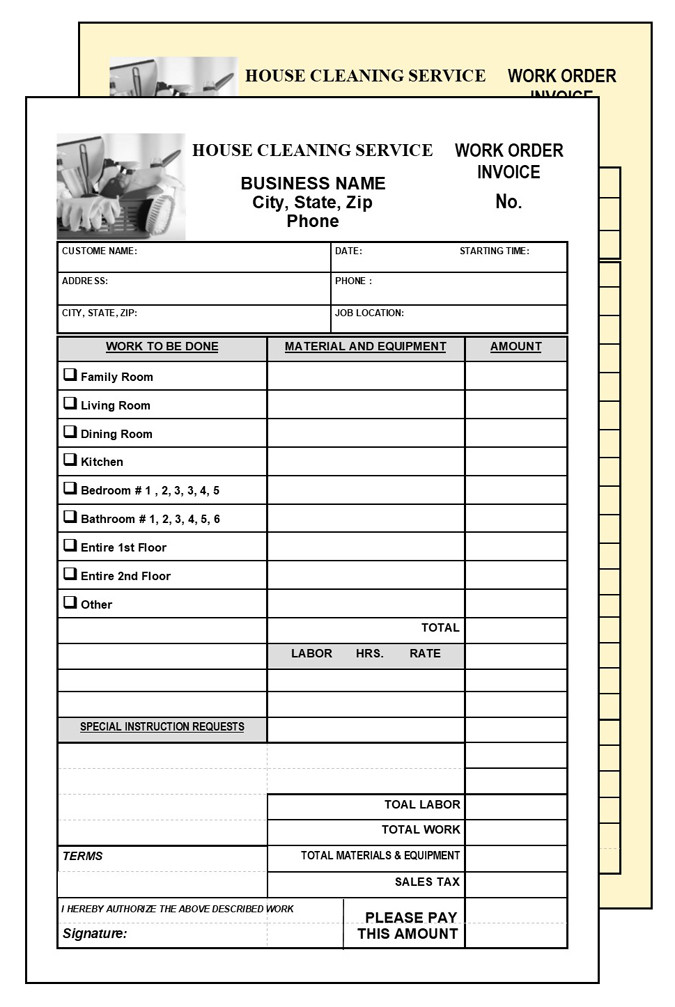 200 HOUSE CLEANING SERVICE INVOICE – NUMBERED 2 PART CARBONLESS