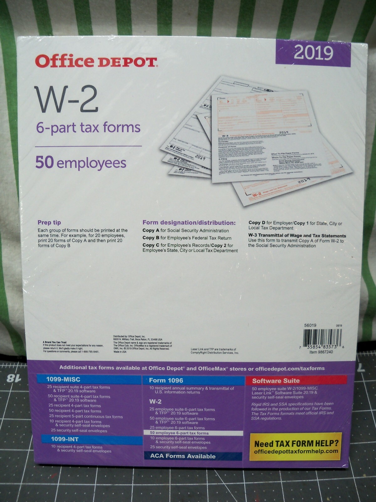 Office Depot W-2 Inkjet/Laser Tax Forms 2019 Taxes 2-Up 6-Part 50-PK Staples W2