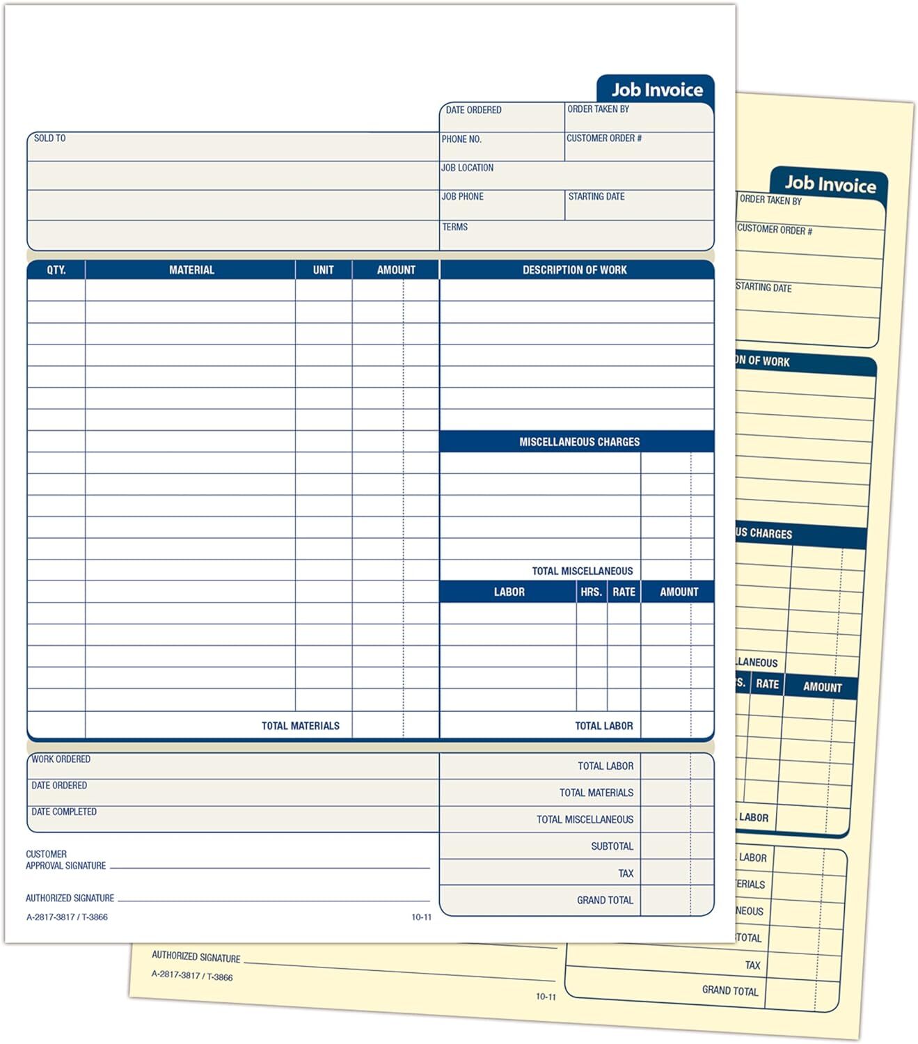 Formularios De Factura De Trabajo, Autocopiativos De 2 Partes, Para Servicio Y