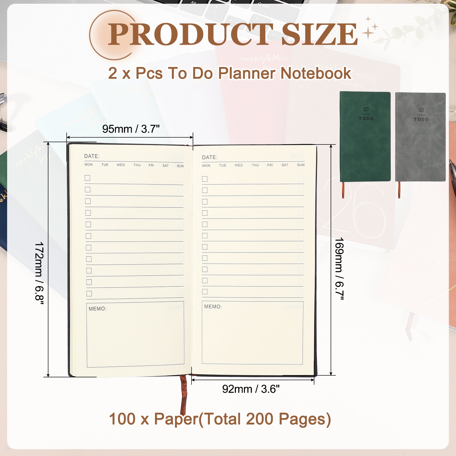 2Pcs to Do Notebook, A6 6.8 x 3.7″ Daily Planner Notebook, Green/Grey