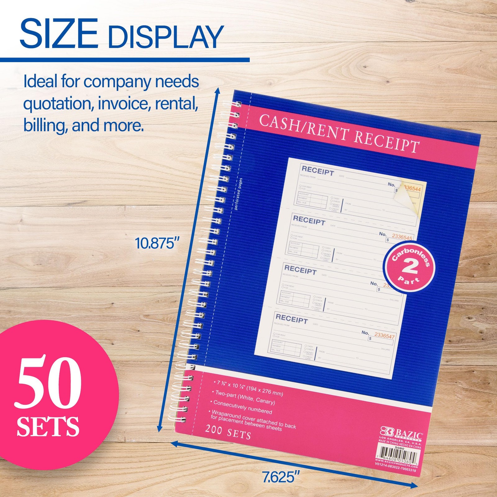 BAZIC Products Spiral Bound Receipts Book for Landlords, Business & 200 Sets