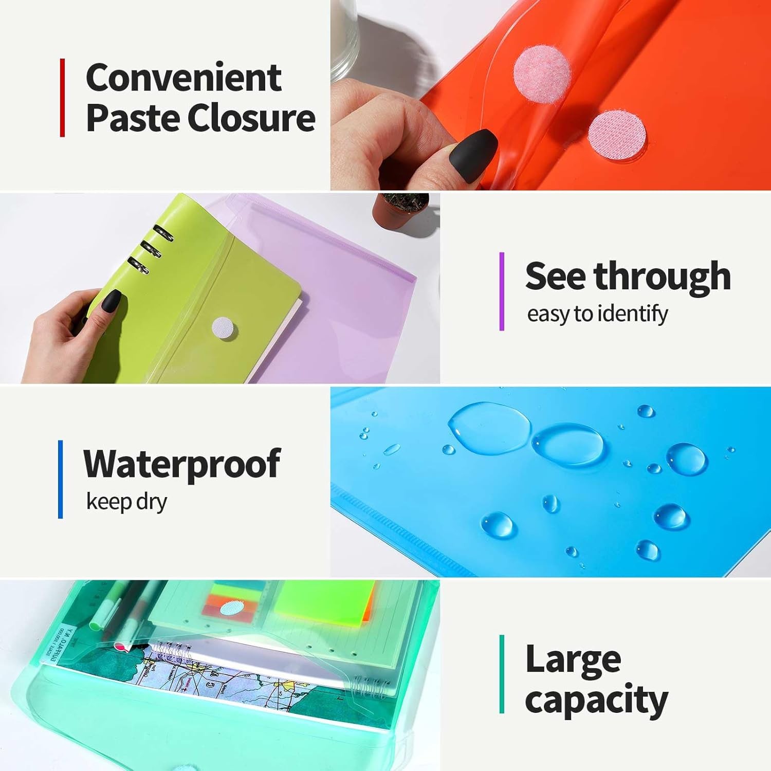LEOBRO Plastic File Folders for Documents, 6 PCS Envelopes, Rainbow