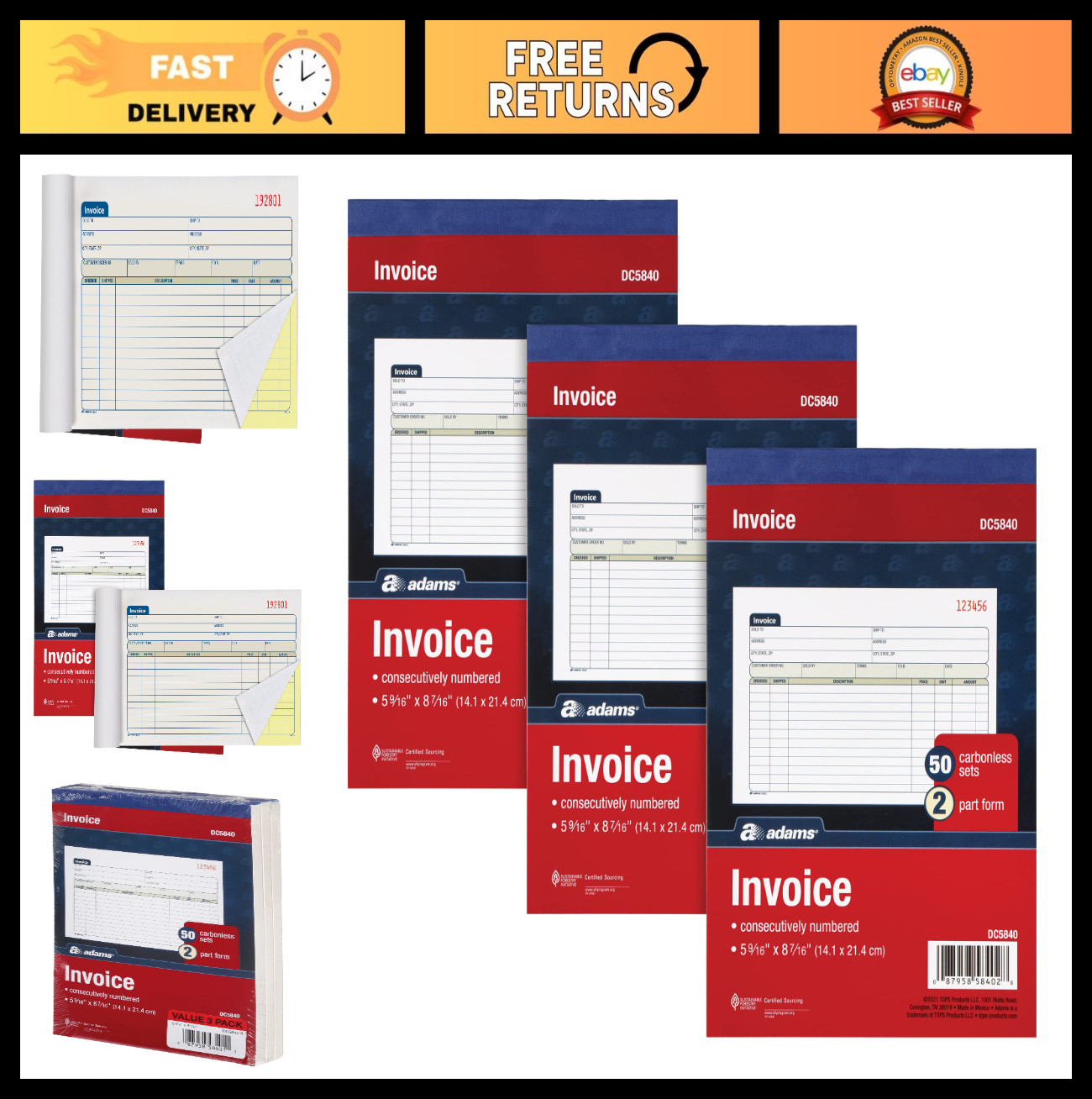 Carbonless Invoice Book 3 Pack – 2 Part Horizontal Sales Slips, 50 Sets Each