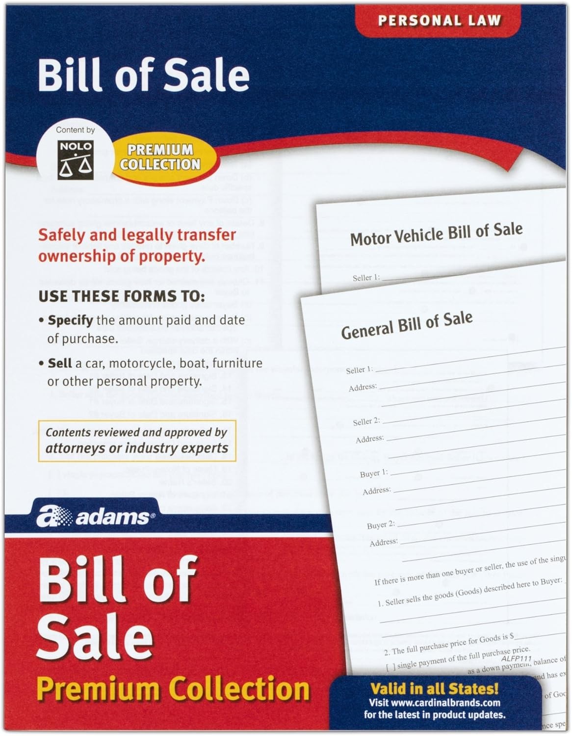 Adams Bill of Sale Forms Pack, Includes 2 Motor Vehicle 8.5 x 11 inch, White