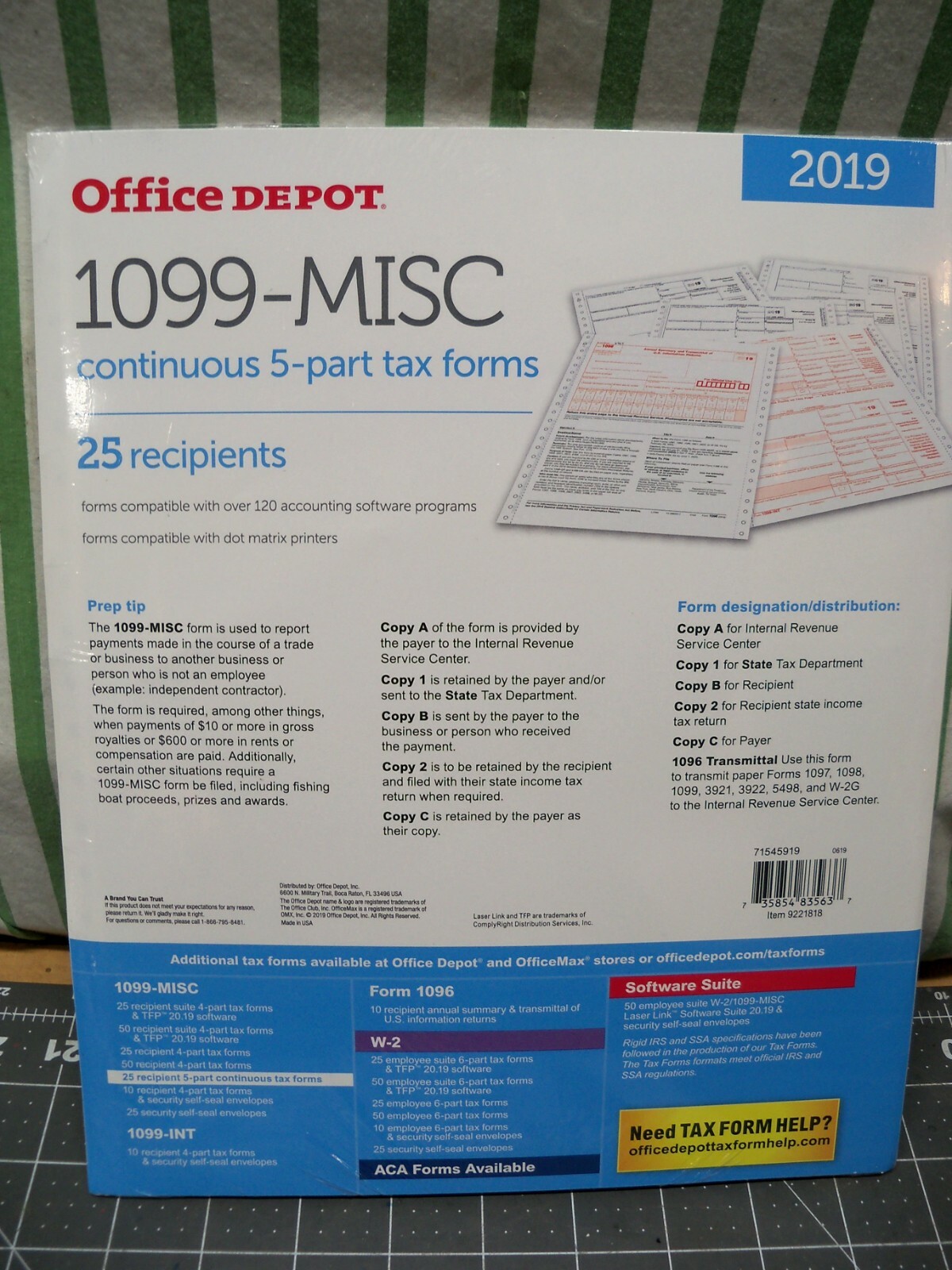Office Depot 1099-Misc Continuous 5 Part Tax Forms 2019 25 Count USA Tax Staples