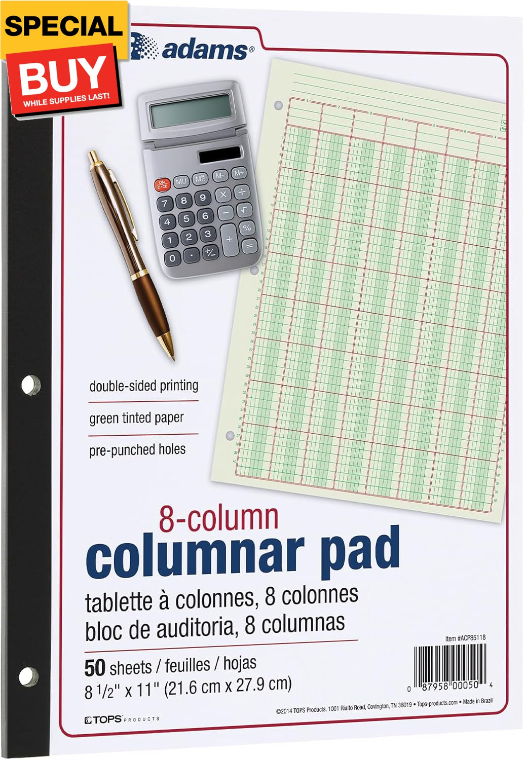 Columnar Analysis Pad, 8 Column Ledger, 8.5″ x 11″, 100 Pages (50 Sheets), Green