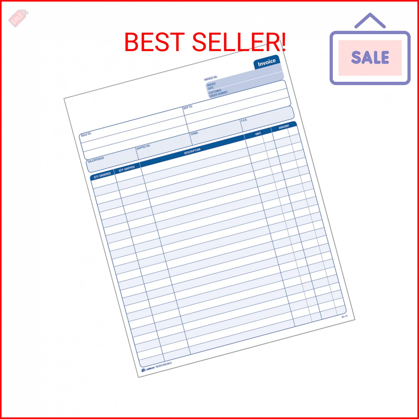 Adams Invoice Sets, 2-Part Carbonless, 8-1/2″ x 11-7/16″, 50 Sets per Pack (NC28