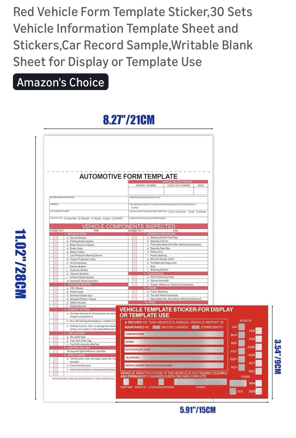 Annual Vehicle Inspection Report Form 3-Ply Carbonless and Label. 30 PACK