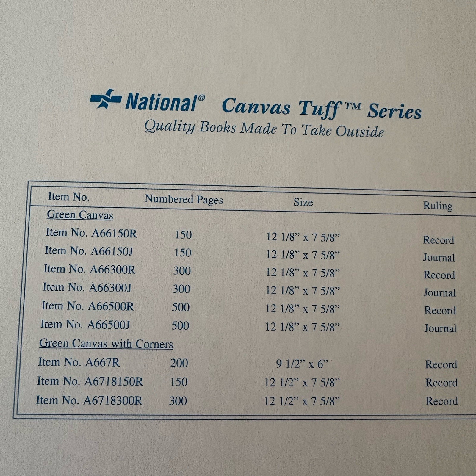 National A66150R Record Book Canvas Tuff Series 160 PGS READ! 12-1/8 x 7-5/8