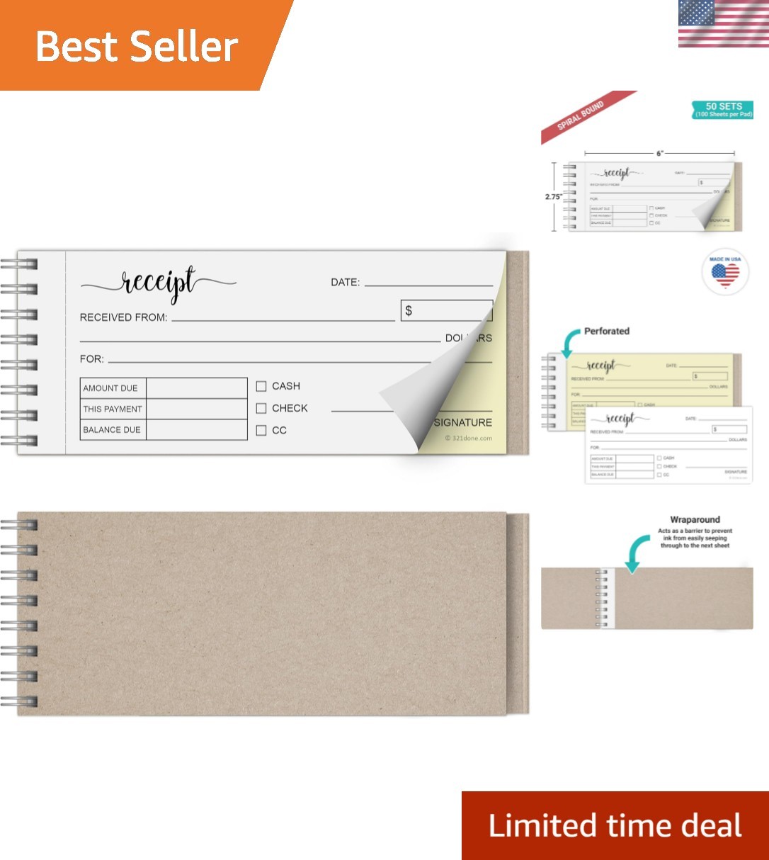 Receipt Book, 2-Part Carbonless Spiral Bound 2.75×6 – , 50 White/Yellow Pages…