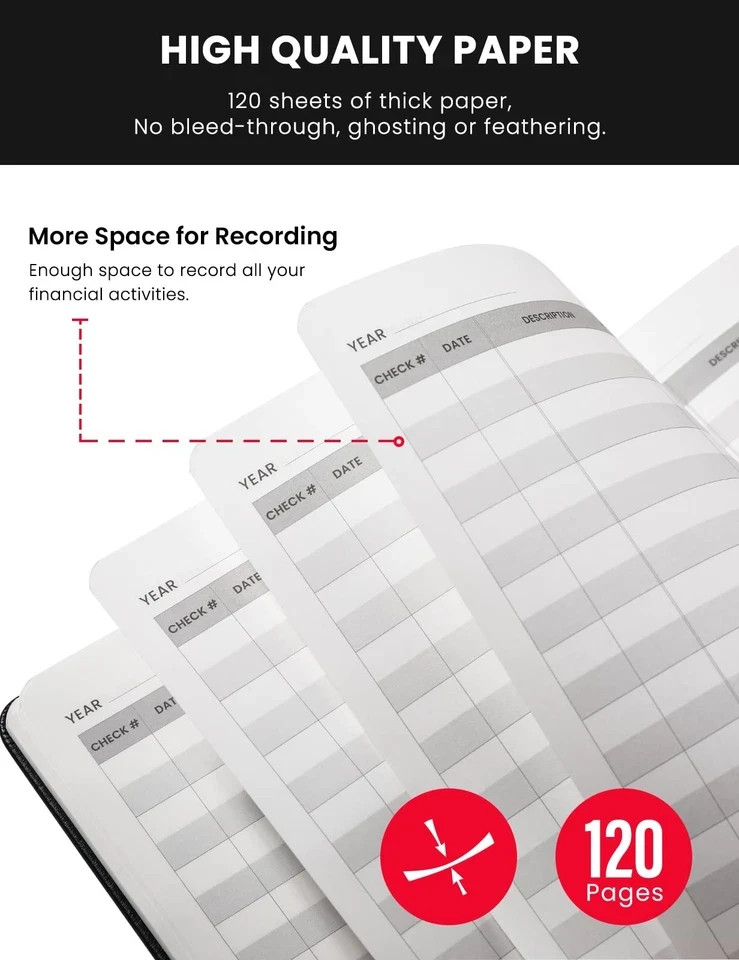 Hardcover Check Register for Personal Checkbook Ledger Transaction Logbook