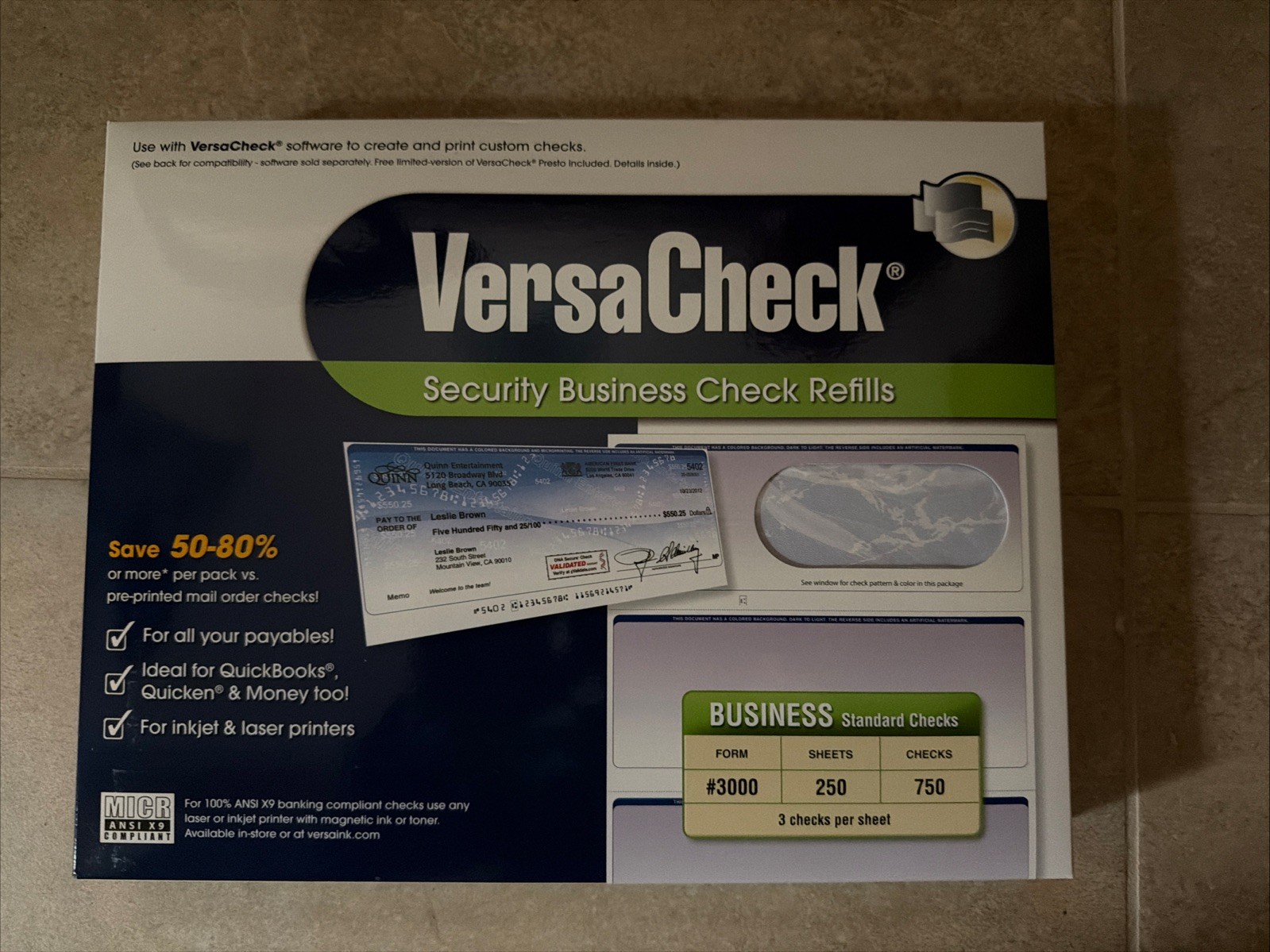 VersaCheck Security Business Check Refills Form #3000 250 Sheets 750 Checks New