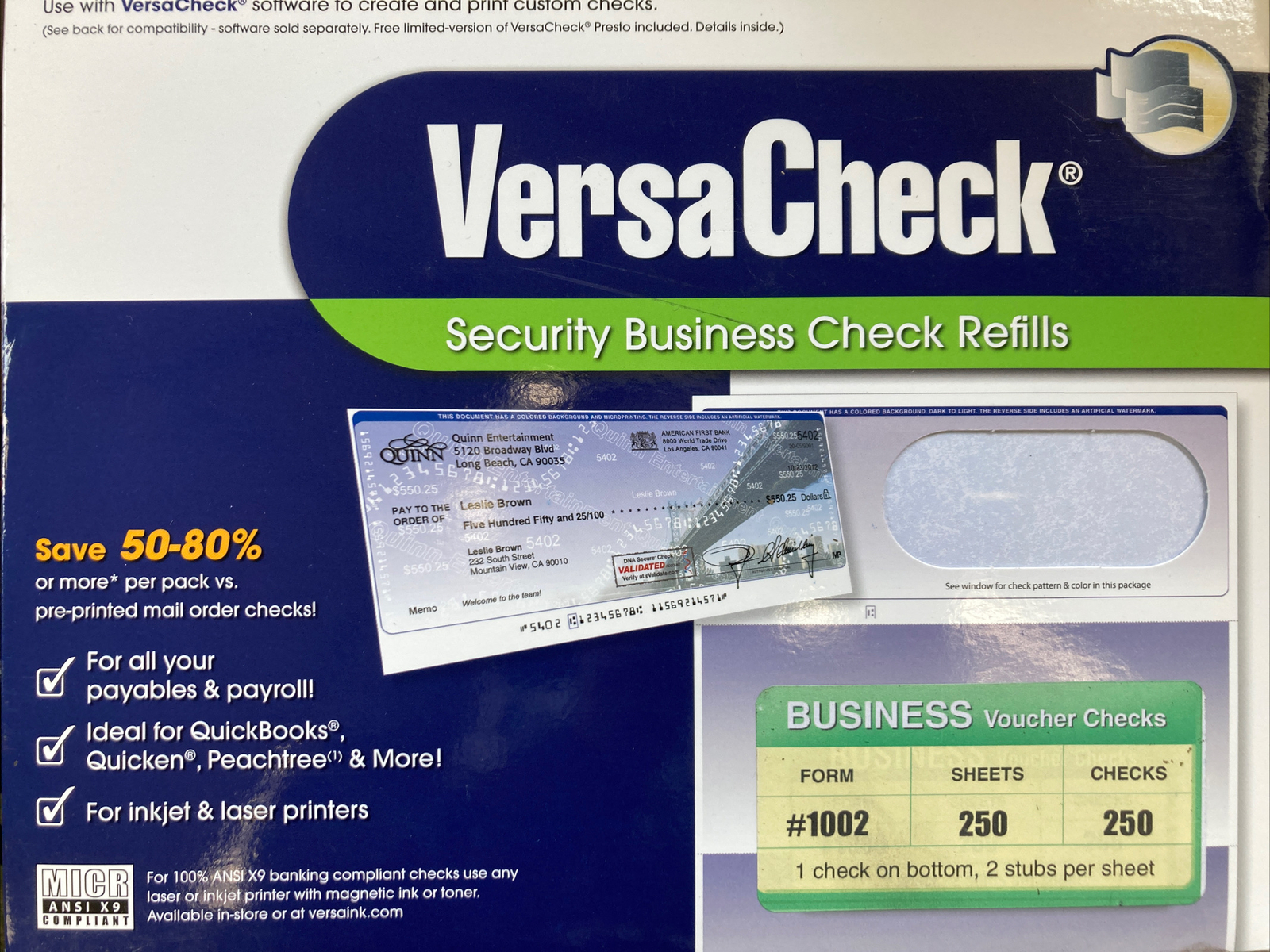 VersaCheck Security Business Check Refills Form #1000 Voucher – Blue – 250 Sheet