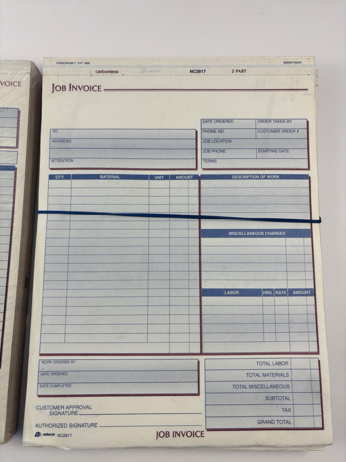 Adams 1 New Pack Contractor Invoice Forms and 1 Pack Job Invoice Forms