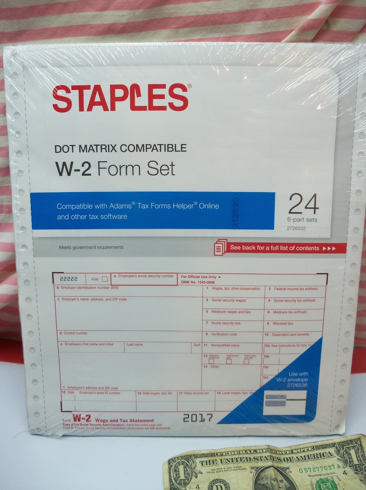 24 Count Pack of Staples Dot Matrix 2017 IRS Tax W-2 6-Part Form Sets USA W2