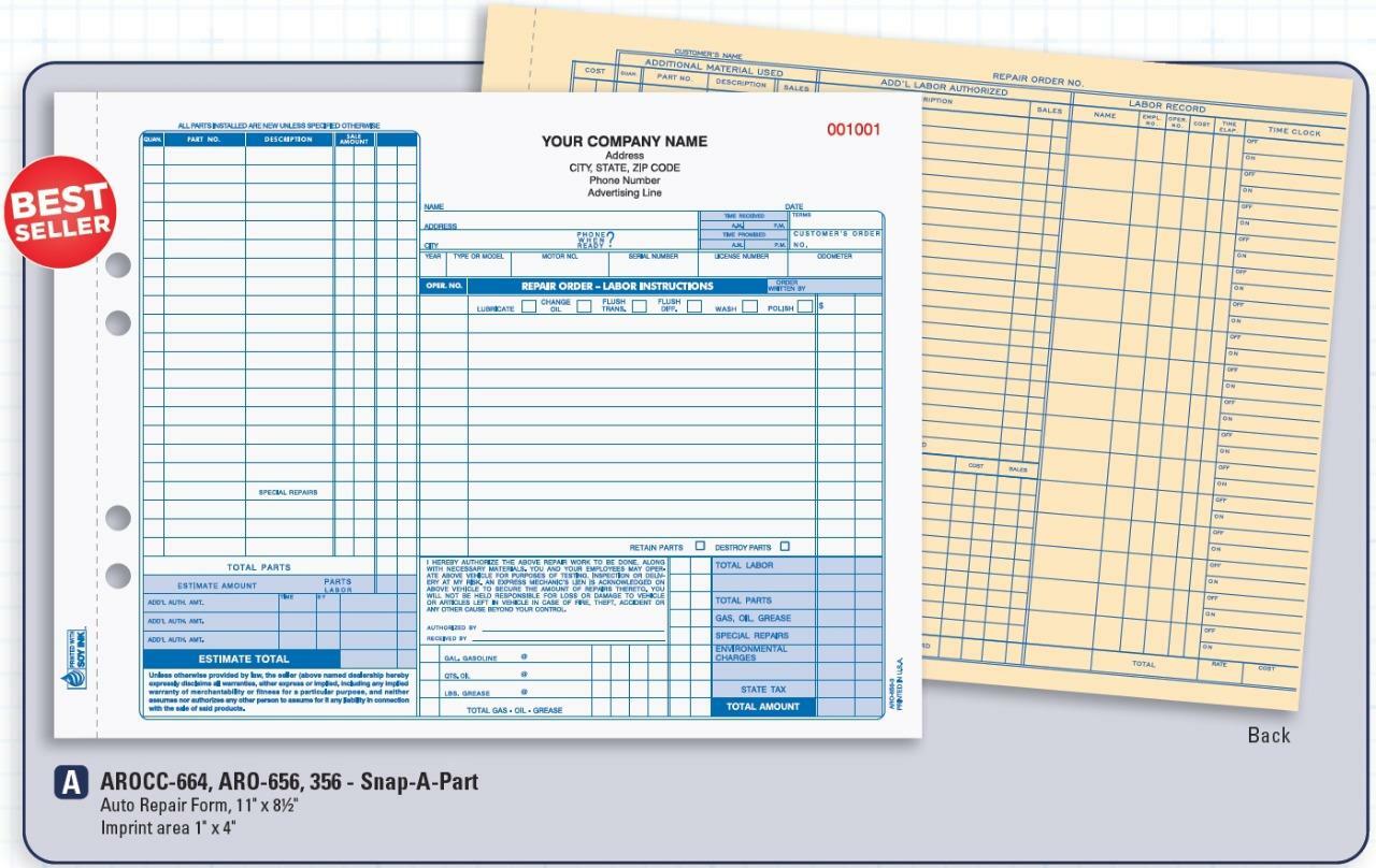Auto Repair Form / Snap-A-Part Carbonless 3 Part / 8.5″ x 11″ / AROCC-664