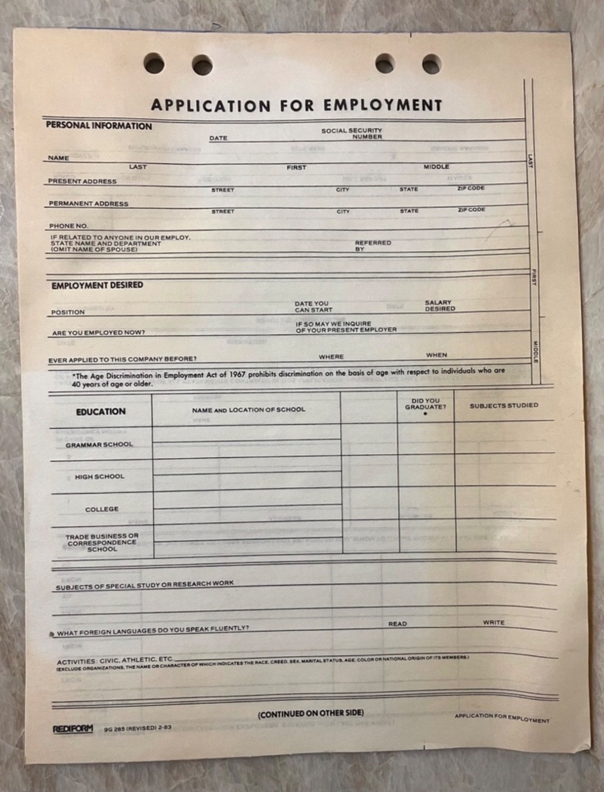 Vintage Rediform Employment Application Form