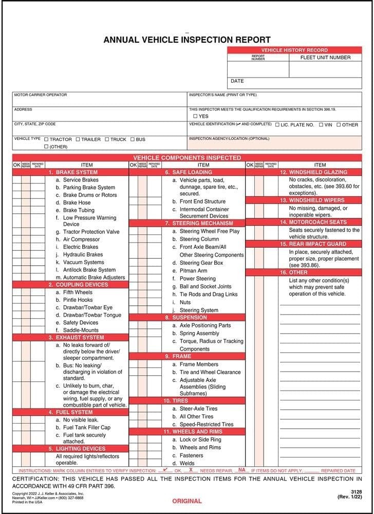 J. J. Keller 10-Pack, Annual Vehicle Inspection Report Form & Red FMCSA Label…