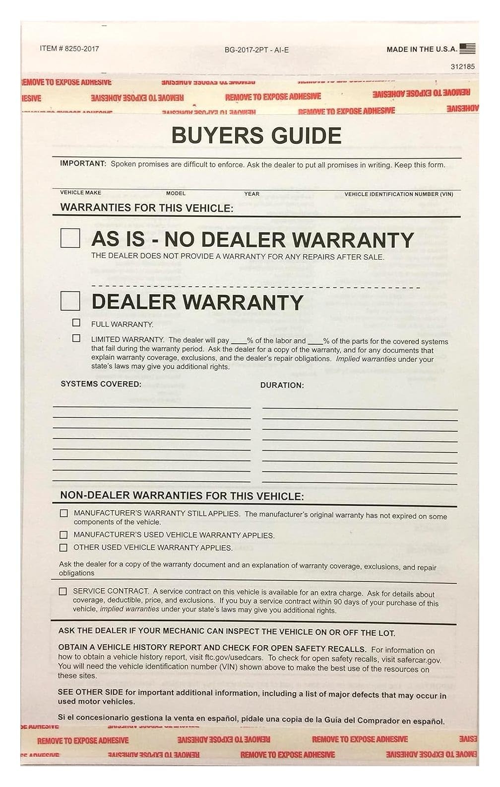 Donkey Auto Products 2 Part Buyers Guide Form – Adhesive Tape – English – As is
