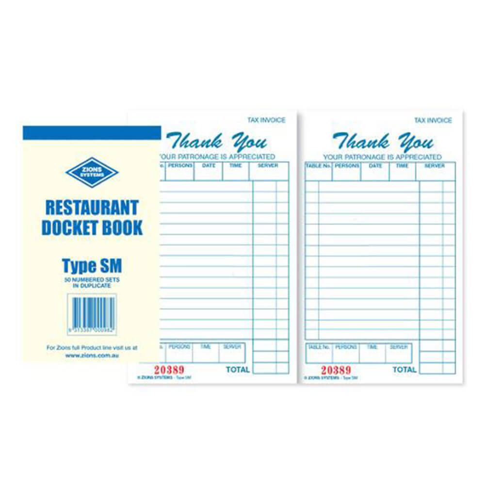 Zions Restaurant Docket Book Small Pre Printed Consecutively Numbered Pages