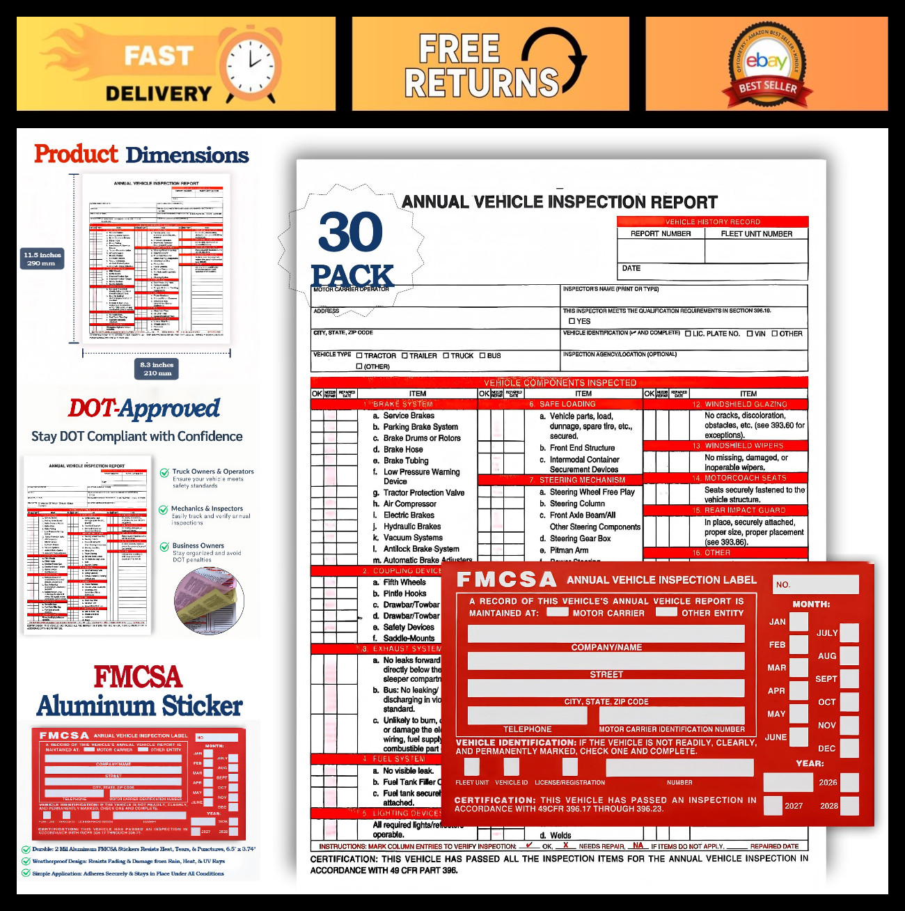 30-Pack Vehicle Inspection Report Forms Kit, 3-Ply Carbonless, 8.2″x11.5″, FMCSA