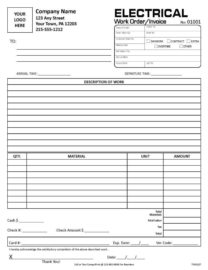 Electrical Work Order Invoice / Customized / 8.5 x 11 / 2 or 3 Part / TMG107