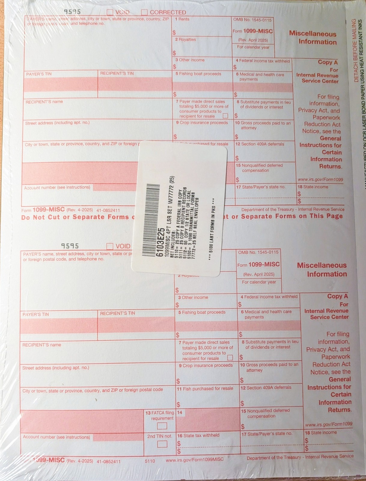 1099 Misc Forms 2025 + Envelopes, 1 to 25 Recipients for 2025 – Free Shipping