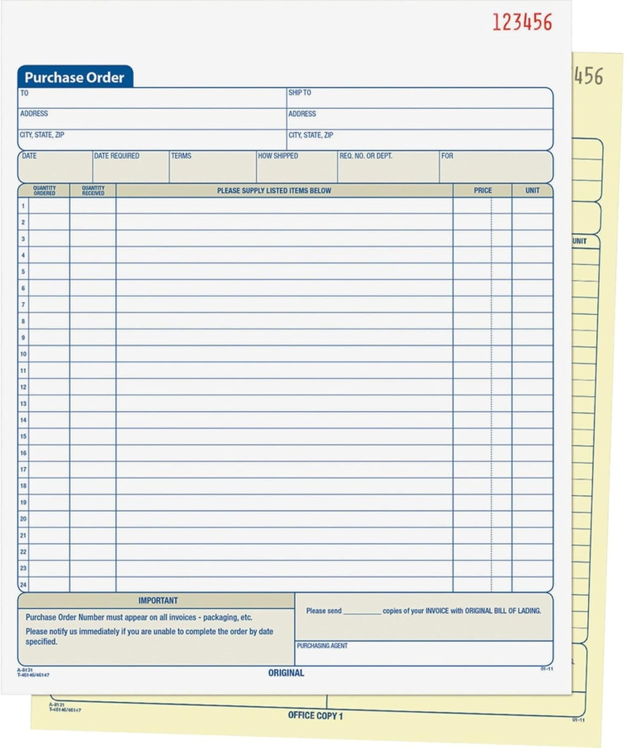 Adams Purchase Order Book, Carbonless, White/Canary, 2-Part, 8-3/8 x 10-11/16 In