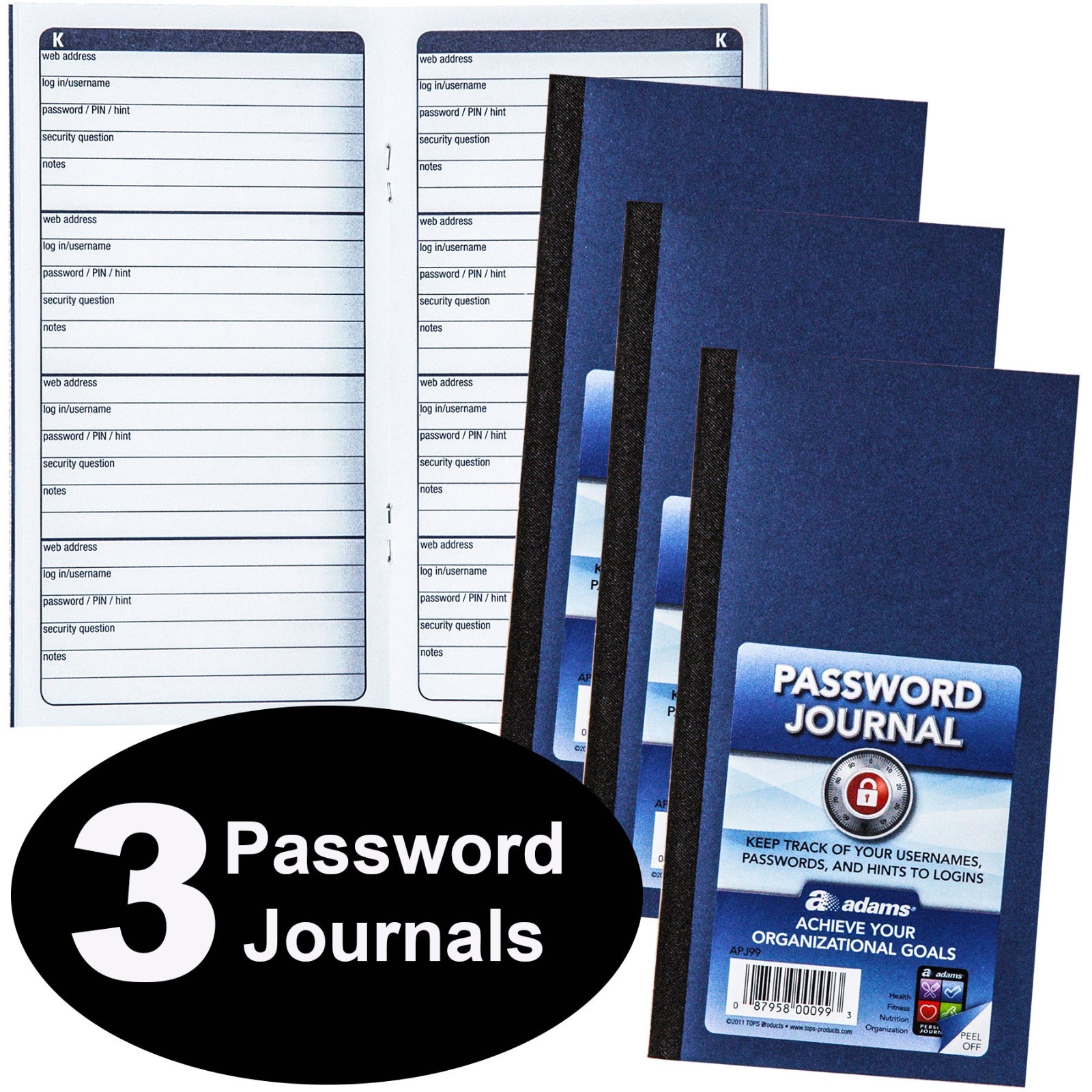 Adams APJ99 Password Journal, 6-1/4 x 3-1/4″, Pack of 3 Journals