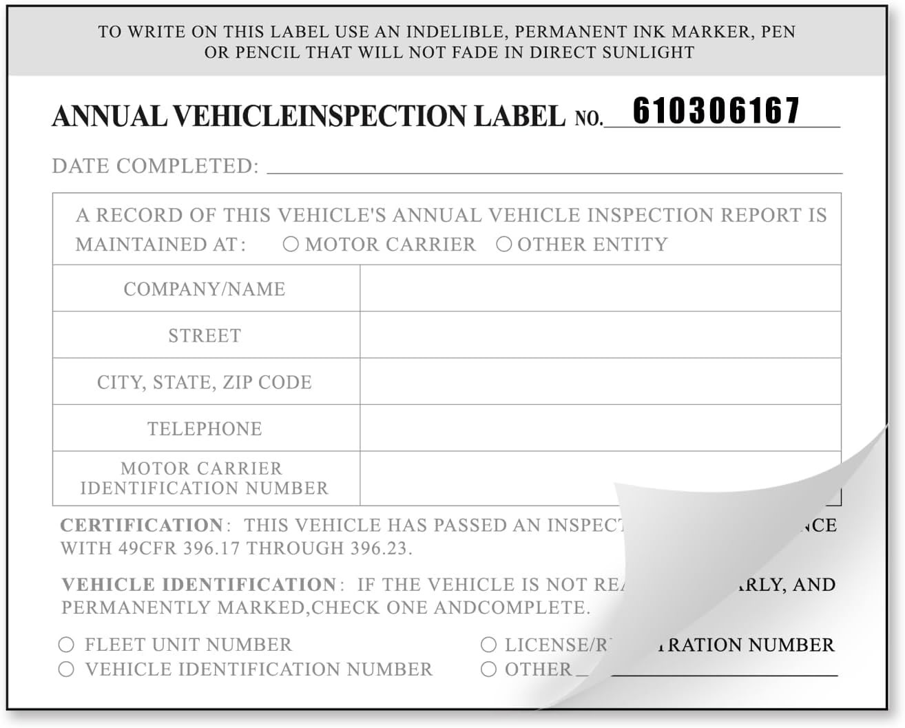 High-Quality Annual Vehicle Inspection Forms & Mylar Laminate Labels – 50 Total