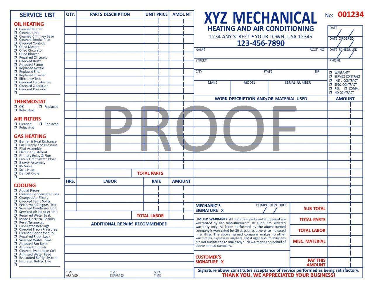 100 HVAC Plumbing Work Order Invoices / Color / 2 Part / 8.5 x 11 TMG006
