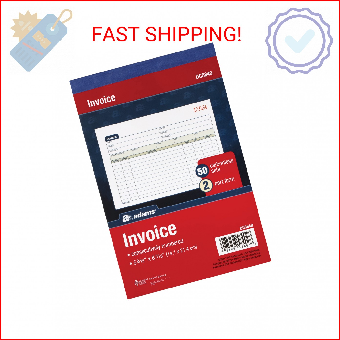 Adams Invoice Book 3 Pack, 2 Part Carbonless Invoices, Horizontal Sales Slip, 5-