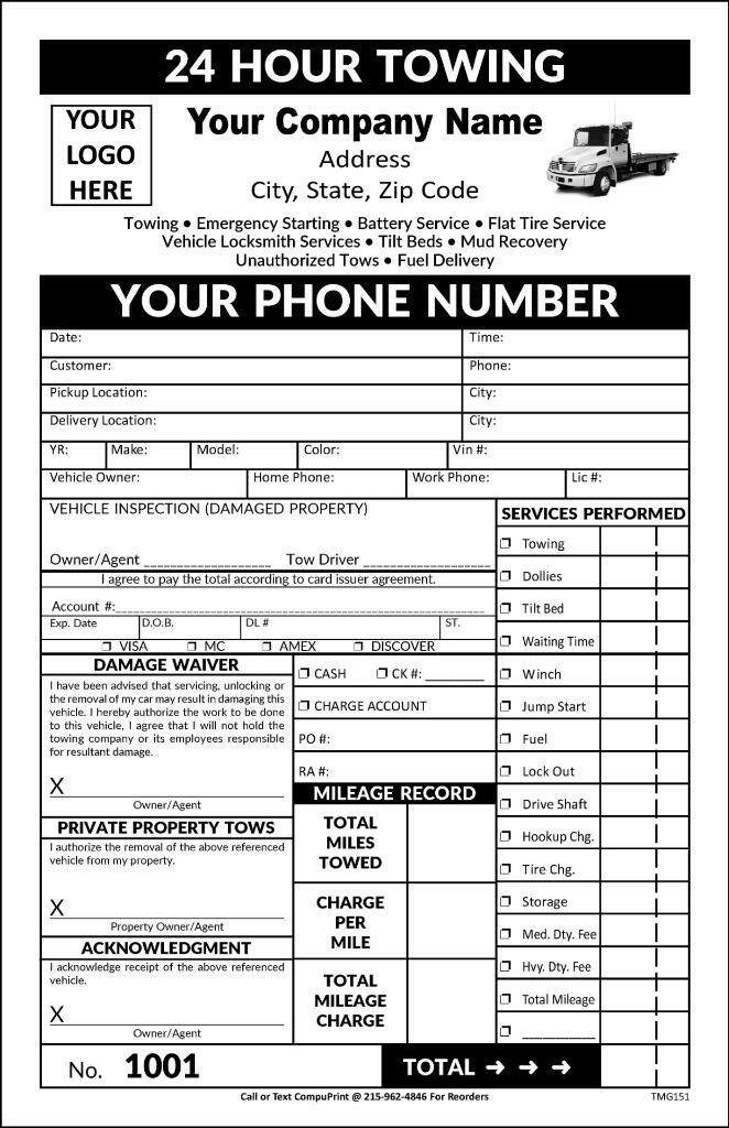 Towing Wrecker Invoice Form in Black & White / 5.5 x 8.5 / 2 or 3 Part / TMG151