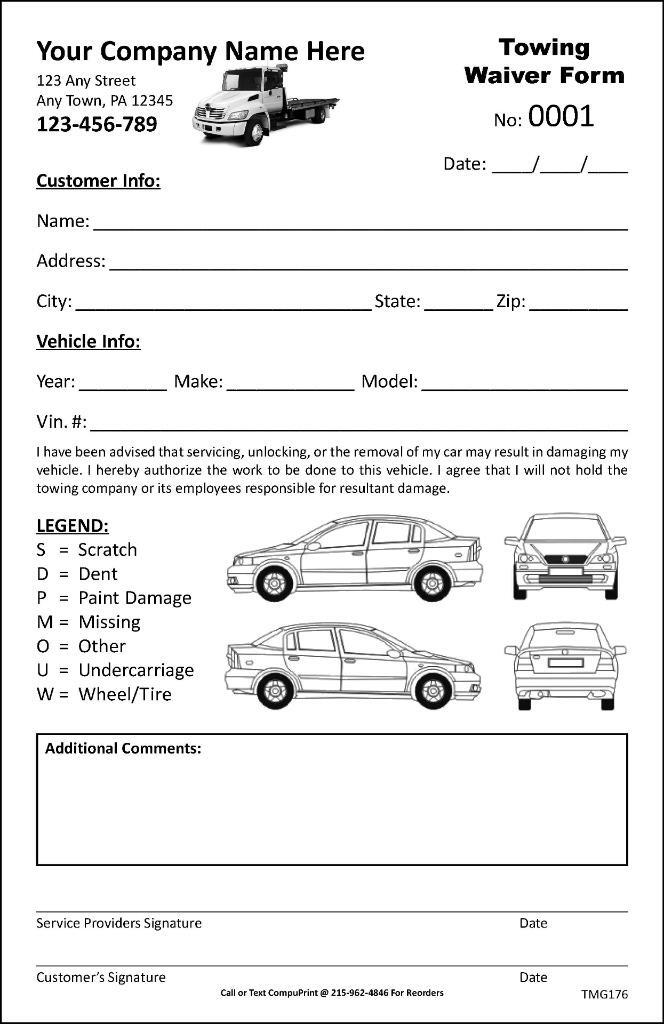 Custom Towing Waiver Form / 2 Part or 3 Part / 5.5 x 8.5 / TMG176