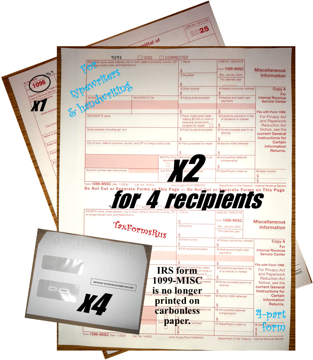 2025 IRS TAX FORMS KIT: 1099-MISC, 4 recipients +envelopes +1096, NON-Carbonless