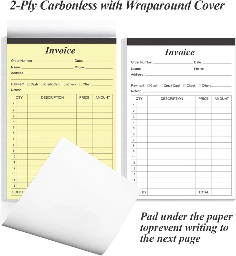 Invoice Receipt Book with Cardboard 2-Part Carbonless, 5.5″ X 8.5″ Order Forms