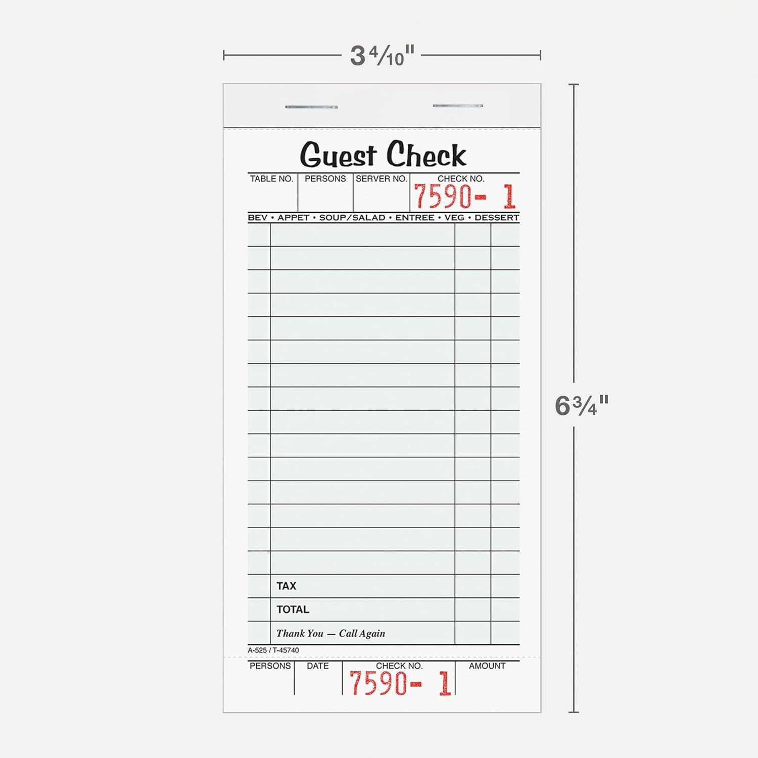 Guest Check Pads, Single Part, Perforated, White, 3-2/5″ X 6-3/4 “, 50 Sheets/Pa