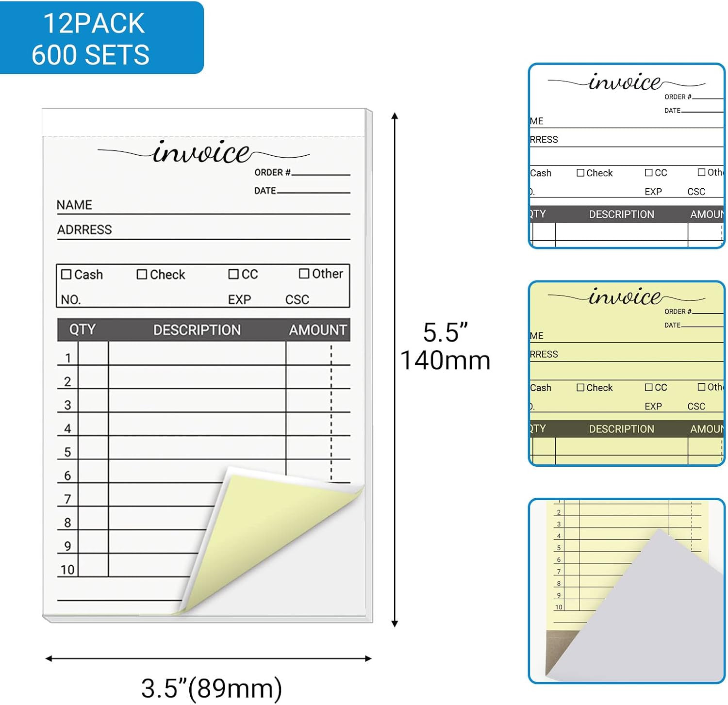 12 Pack Invoice Books for Small Business, 3.5 X 5.5 Inch 2 Part Carbonless Recei