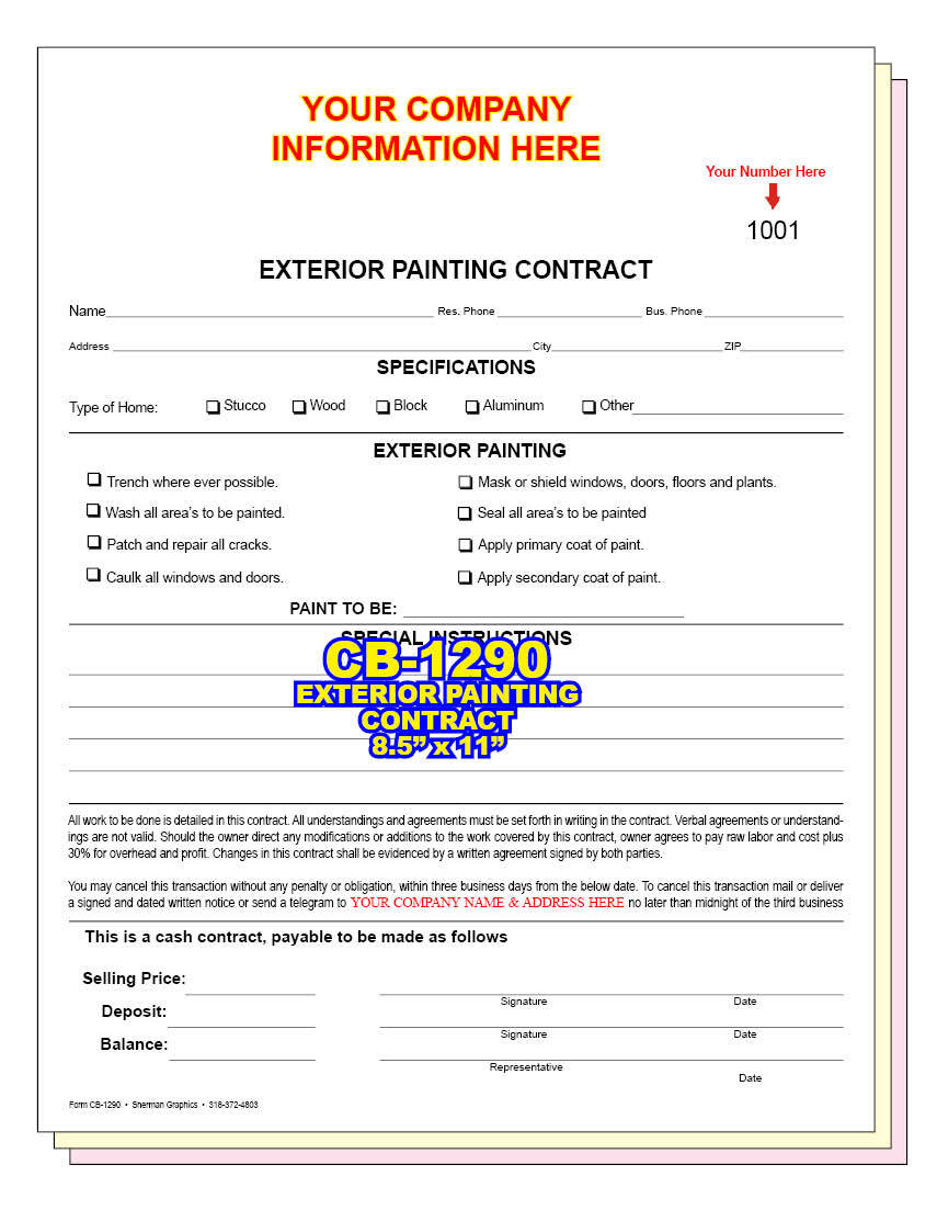 EXTERIOR PAINTING CONTRACT Custom Printed 2 or 3 Part Carbonless