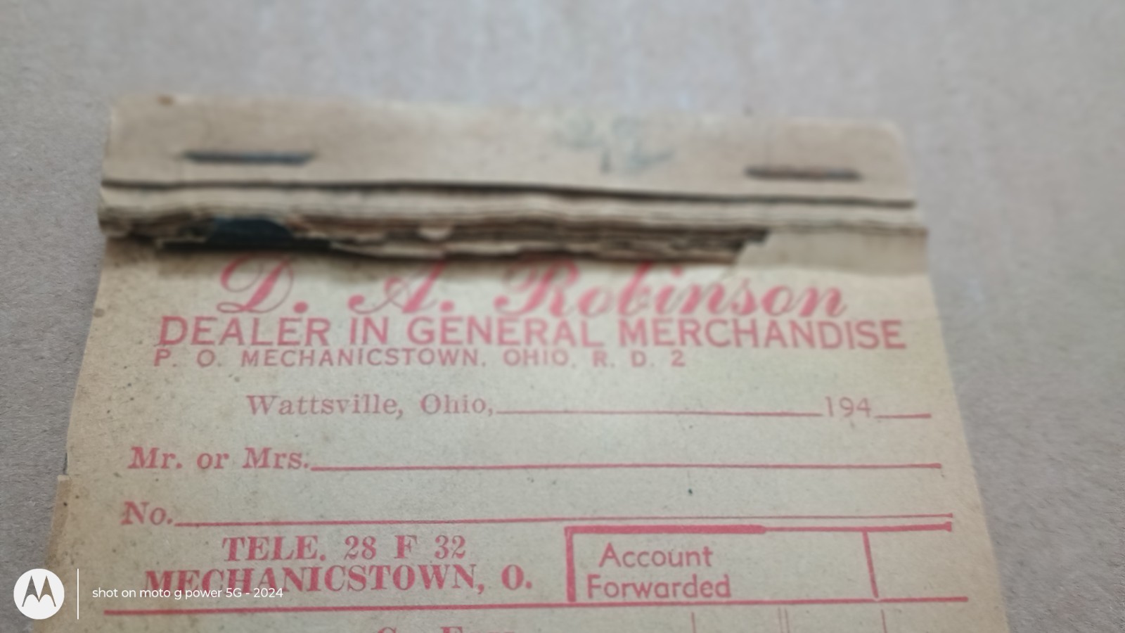 VINTAGE “Sales Book Order Receipt D.A. Robinson Mechanics town, Ohio General Mer