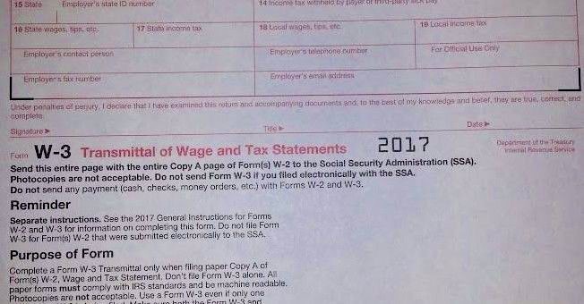 2017: 5 SHEETS W-2 IRS Wage/Tax Statement & 2= W-3 Transmittal Forms