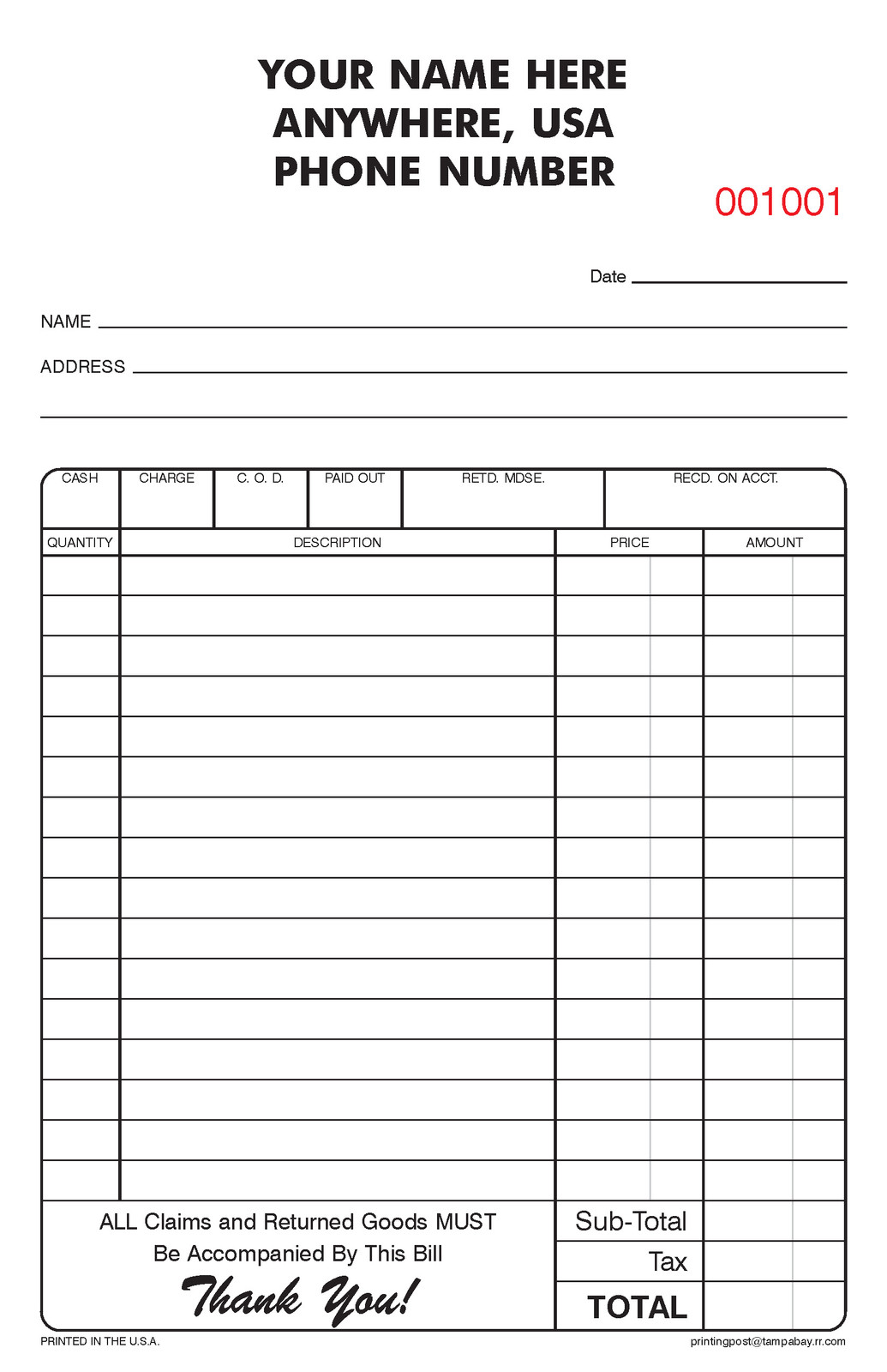 500 NUMBERED 2-part Carbonless NCR Forms – Sales Receipts – Invoices