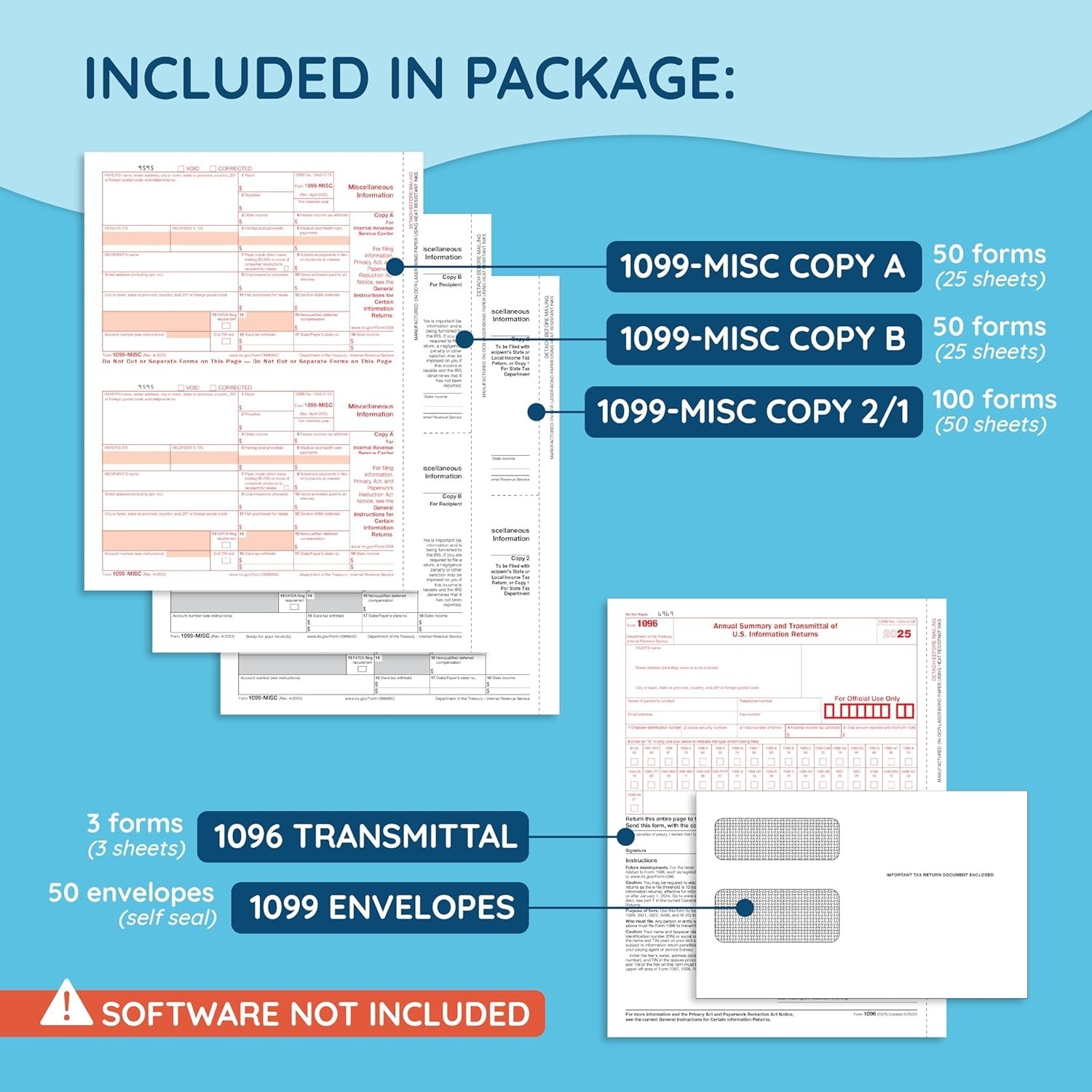 Complete 2025 1099 MISC Tax Forms Kit with Self-Seal Envelopes – 50 Included