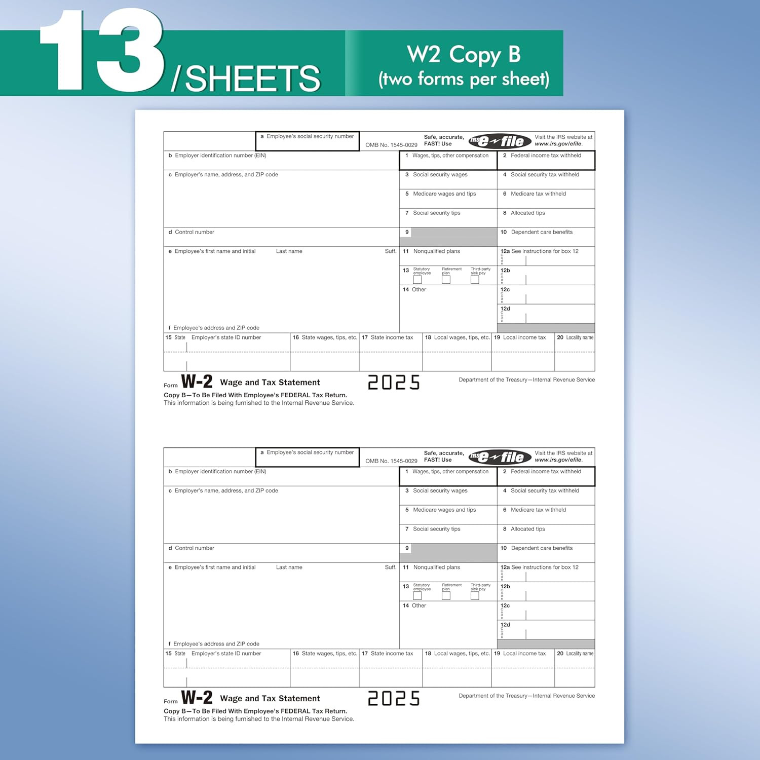 2025 W2 Tax Forms Kit with Envelopes – 25 Employee Set with W3 Forms