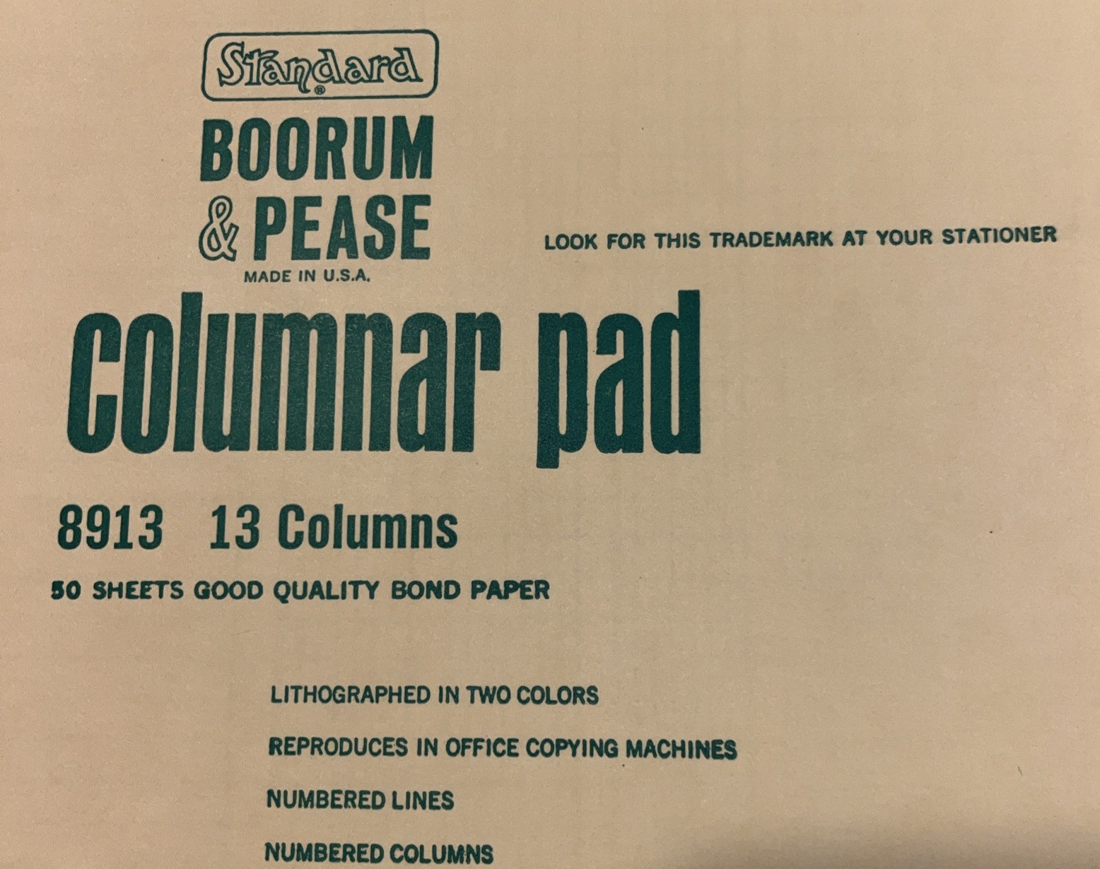 Vtg Boorum & Pease 8913 (green) Columnar Pad 13 Column Ledger Accounting Sheets
